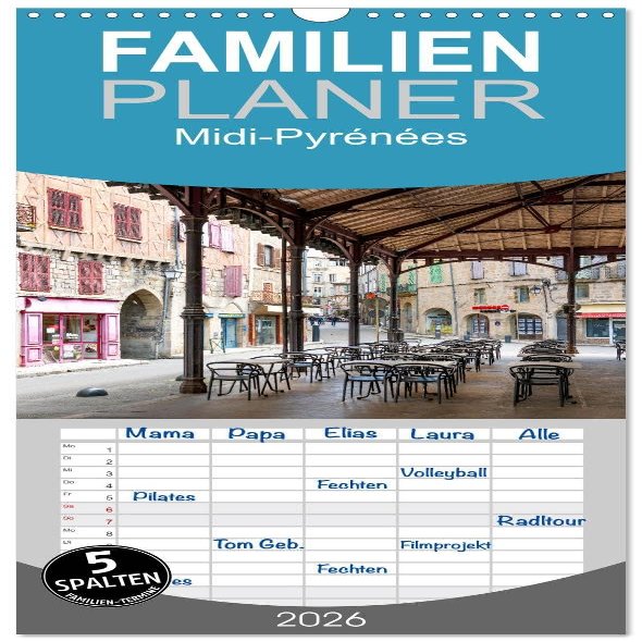 2026 Family Planner – Midi-Pyrénées, 5 Columns (Wall Calendar, 21 x 45 cm)