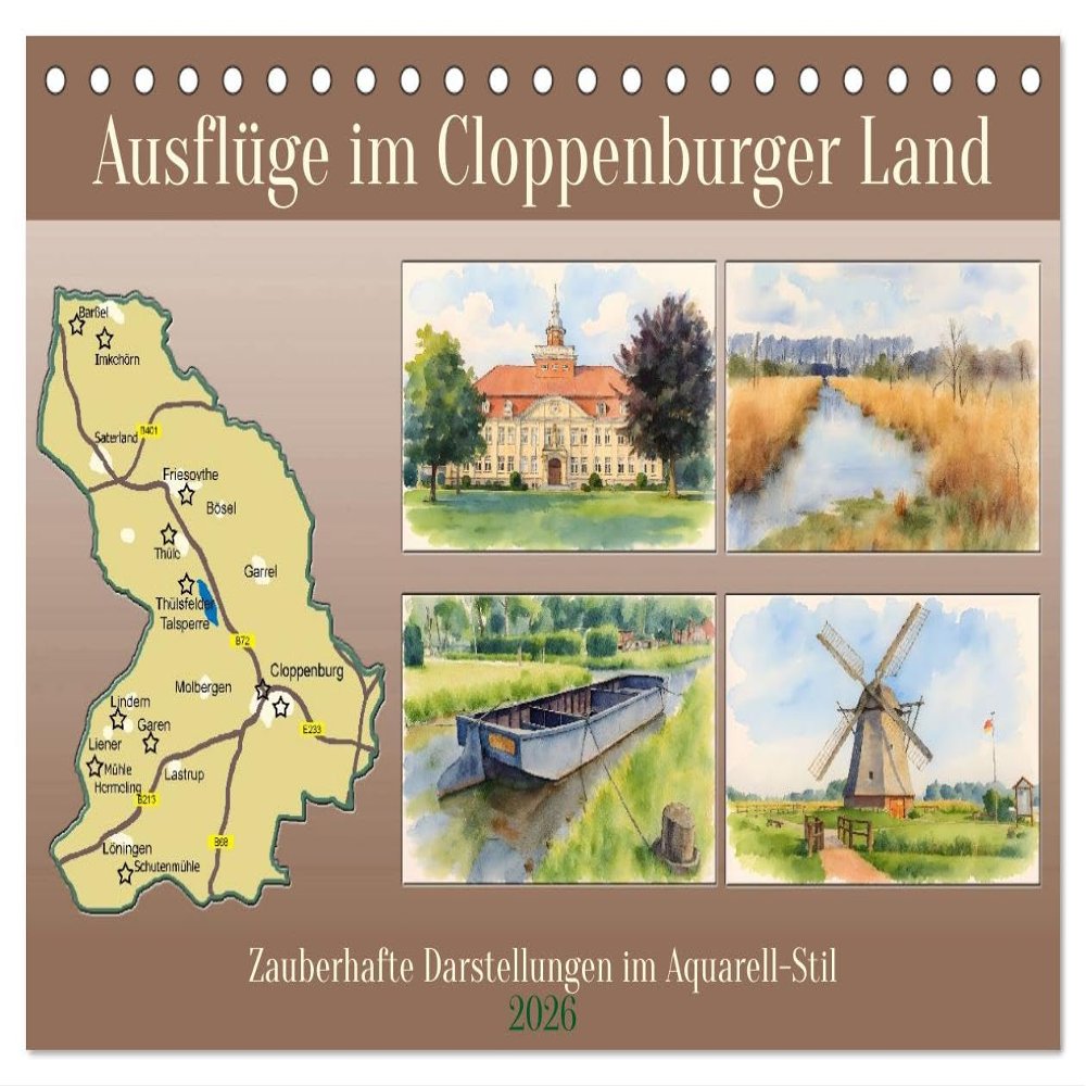 Excursions in the Cloppenburg Region (2026 Desk Calendar, DIN A5 Landscape), CALVENDO Monthly Calendar: Enchanting Watercolor-Style Illustrations
