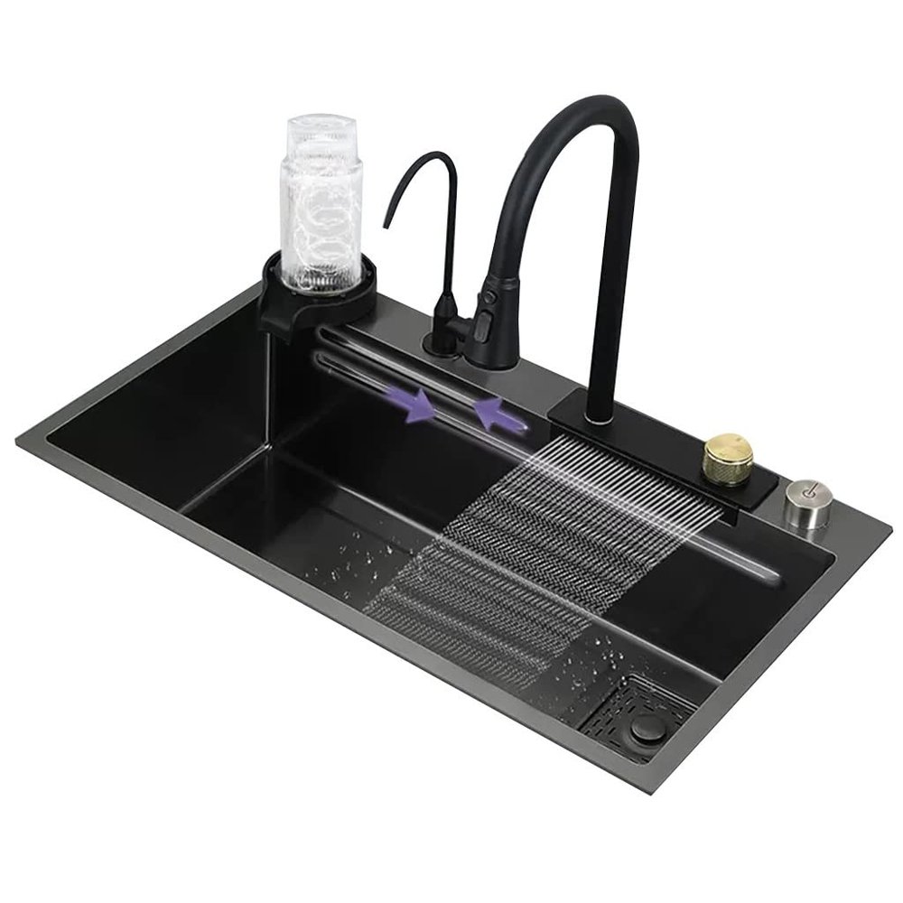 Stainless Steel Single-Bowl Kitchen Sink with Waterfall Spout
