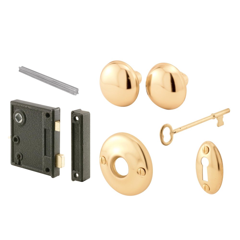 Prime-Line E 2437 Vertical Trim Vintage Lock Set, Cast Steel, Brass-Plated Knobs, Skeleton-Key Lock, 2-1/2-Inch Backset, Right-Hand Inswinging Interior Doors