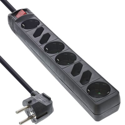 InLine 16481S 8-Outlet Power Strip, 4 Grounded + 4 Euro Outlets, Switch, 1.5 m, Black