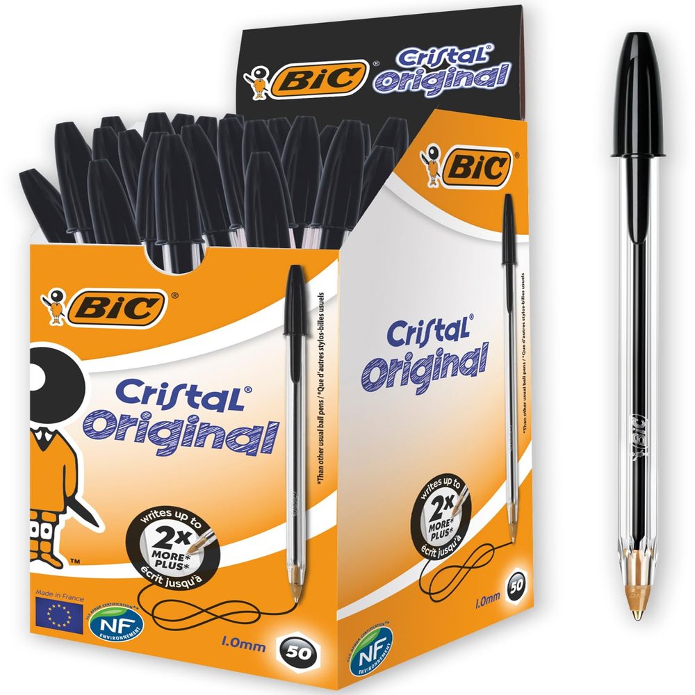 BIC Cristal Original Black Ballpoint Pens, 0.32 mm Line Width, 50 Count