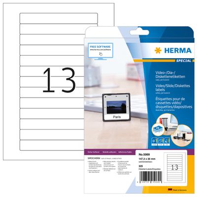HERMA 5069 VHS Video Cassette Spine Labels, 325, White