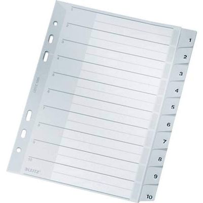 Leitz A5 Index Dividers, 10 Plastic Dividers, Numbered Tabs 1–10, Gray, 12850000