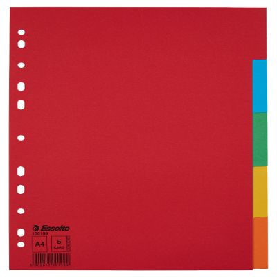 Esselte A4 Dividers, Pack of 20, 5 Tabbed Sheets, Red/Multicolor, Recycled Cardboard, 100199