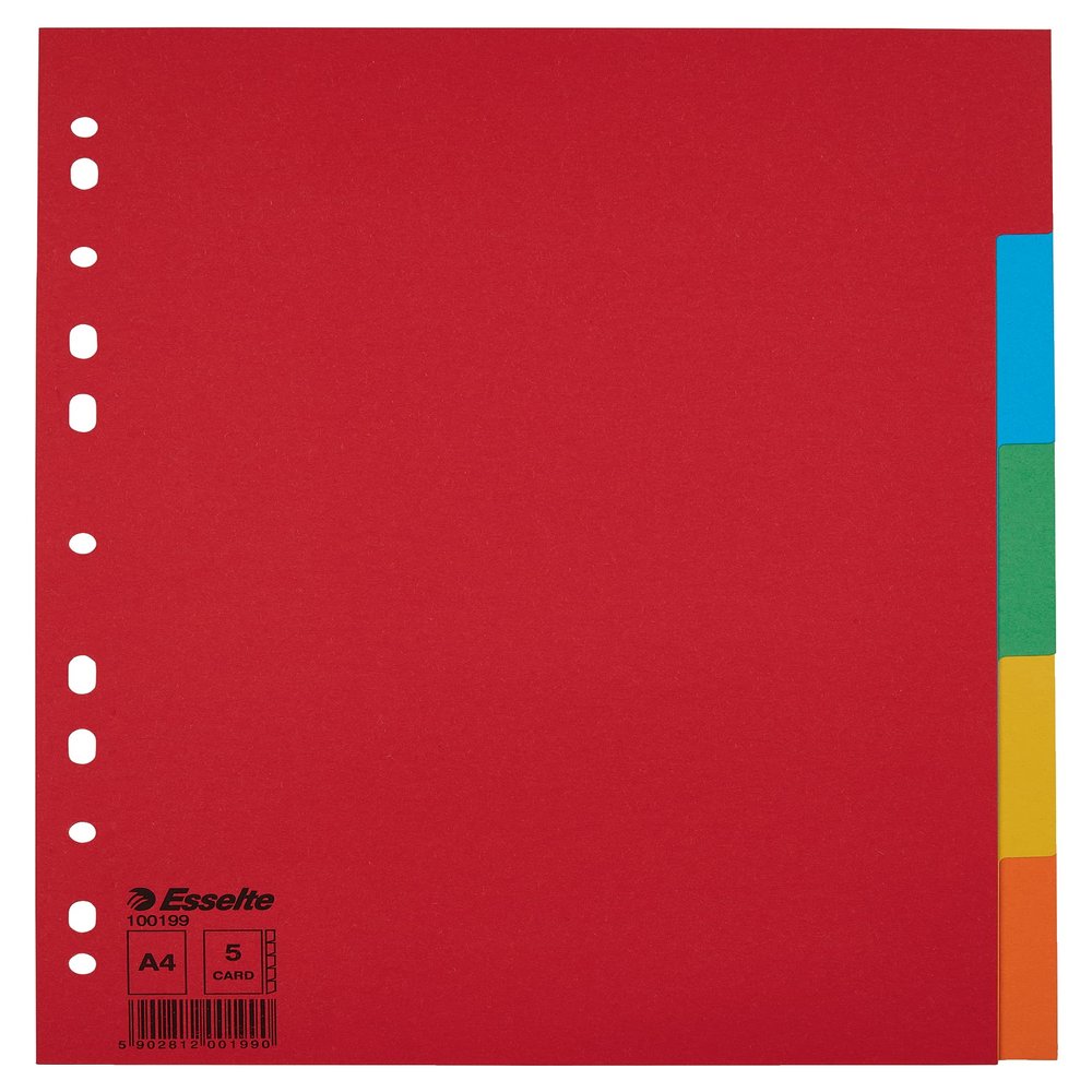 Esselte A4 Dividers, Pack of 20, 5 Tabbed Sheets, Red/Multicolor, Recycled Cardboard, 100199