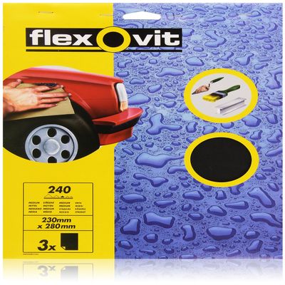 Flexovit FLV26302 Waterproof Sandpaper Sheets, 230 x 280 mm, Medium, 240 Grit (3-Pack)