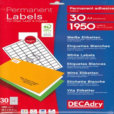 Apli DECAdry Multipurpose Labels, 38.1 x 21.2 mm, White, 1,950 Count