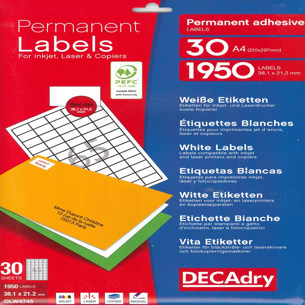 Apli DECAdry Multipurpose Labels, 38.1 x 21.2 mm, White, 1,950 Count
