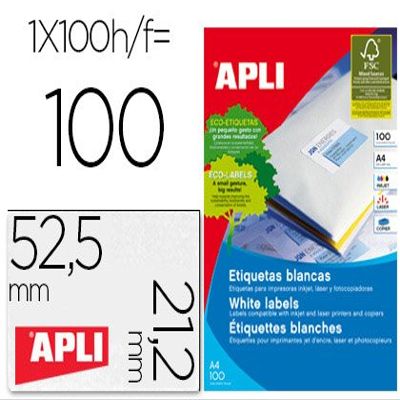 APLI Adhesive Labels, A4, 52.5 x 21.2 mm, 100 Sheets