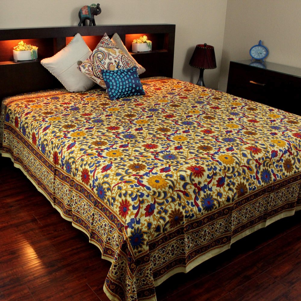 Indian Cotton Bedspread with Sunflower Print