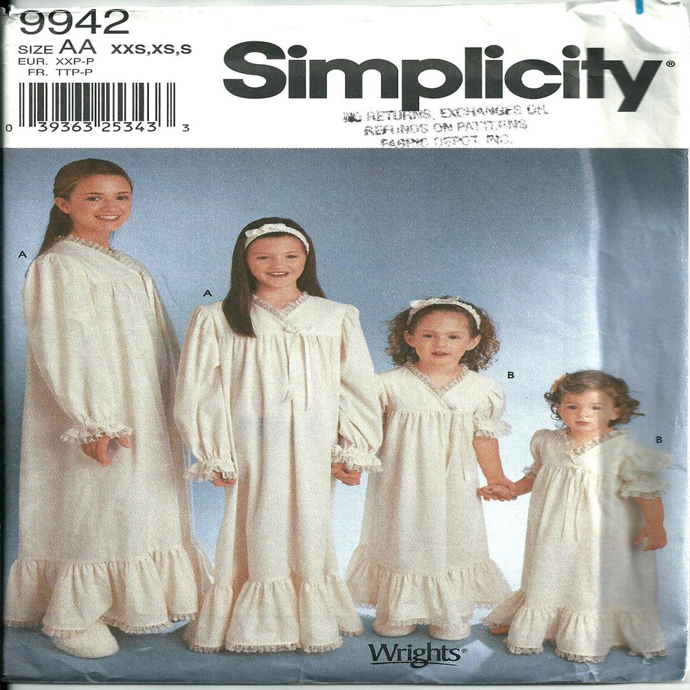 Simplicity 9942, Sizes 2–6X, Girls' Nightgown & Headband