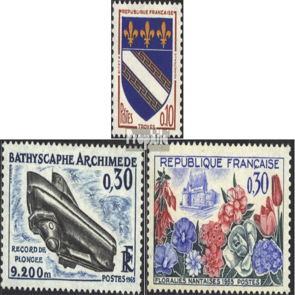Prophila Collection France 1420–1422 Complete Issue, Mint Never Hinged, 1963 Coat of Arms, Submarine, Flowers