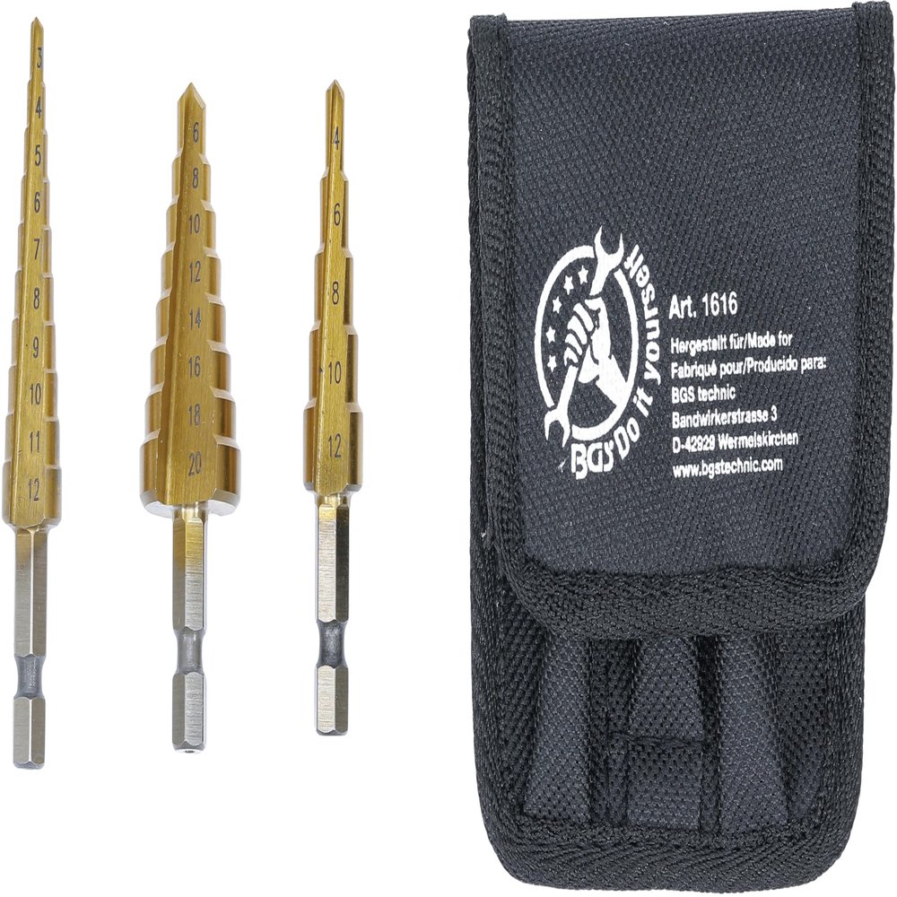BGS DIY 1616 HSS Step Drill Bit Set, 3–20 mm, 3-Piece