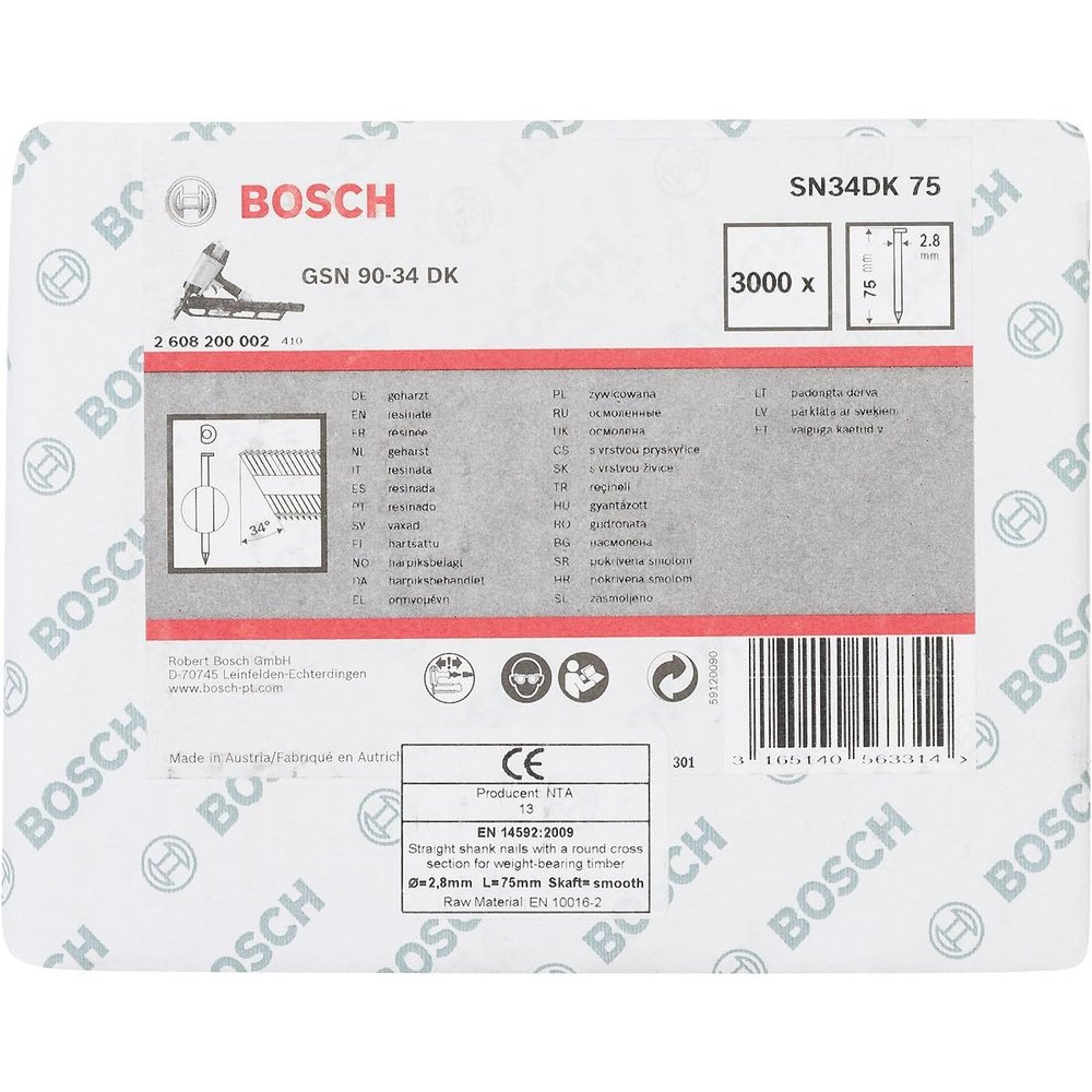 Bosch 3000x PRO SN34CH Strip Nails, 34° Clipped Head, 75