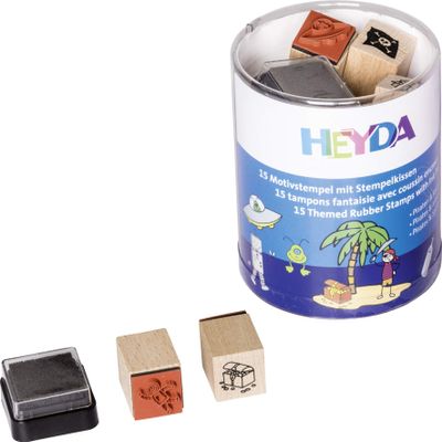 HEYDA Pirate & Astronaut Wooden Stamp Set, Round Tin