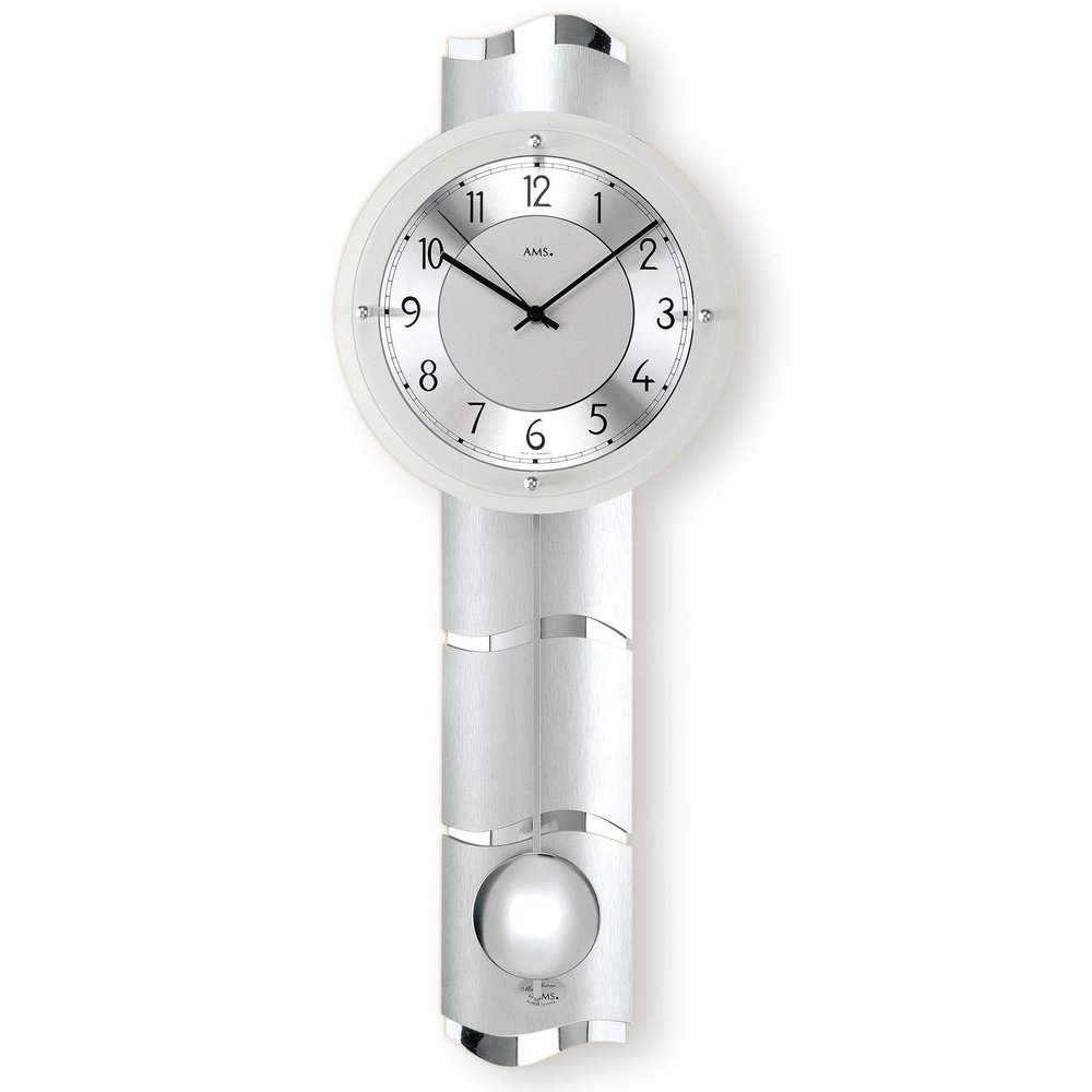 AMS 5215 Wall Clock, Radio-Controlled Pendulum Clock with Curved Wooden Case, 24 x 66 x 10 cm