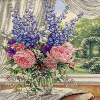 Gold Collection Peonies/Delphiniums Counted Cross-Stitch Kit, 12 x 15 in., 35257
