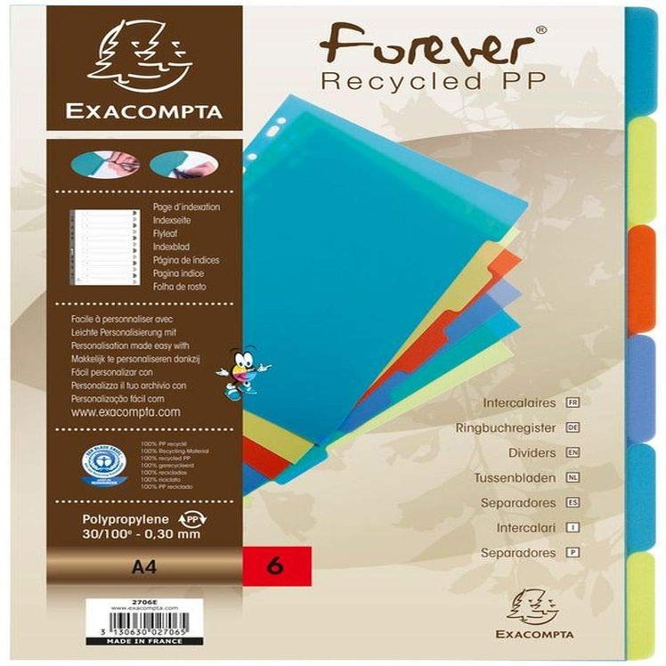 Exacompta 2706E Premium A4 Dividers, 25-Pack, 6-Part, Recycled PP