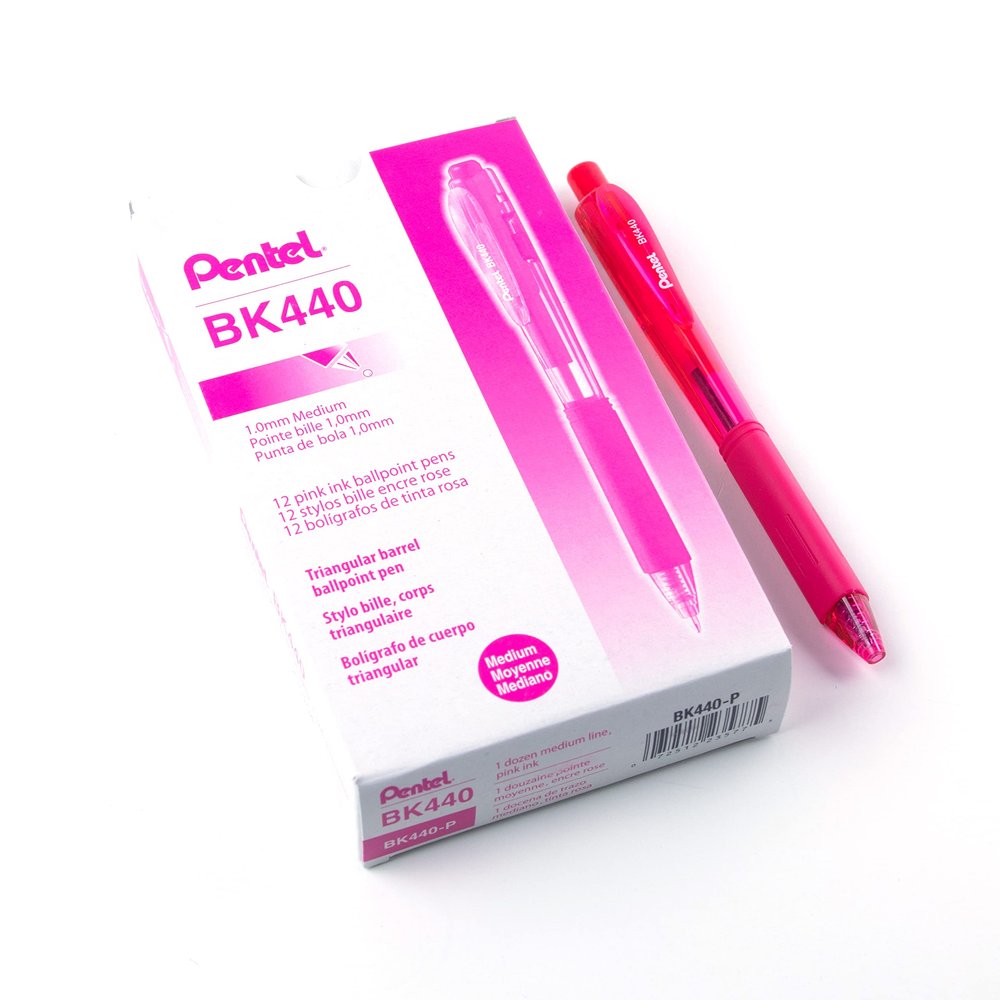 Pentel BK440-P Retractable Ballpoint Pens with Ergonomic Triangular Grip, 12-Pack, Pink