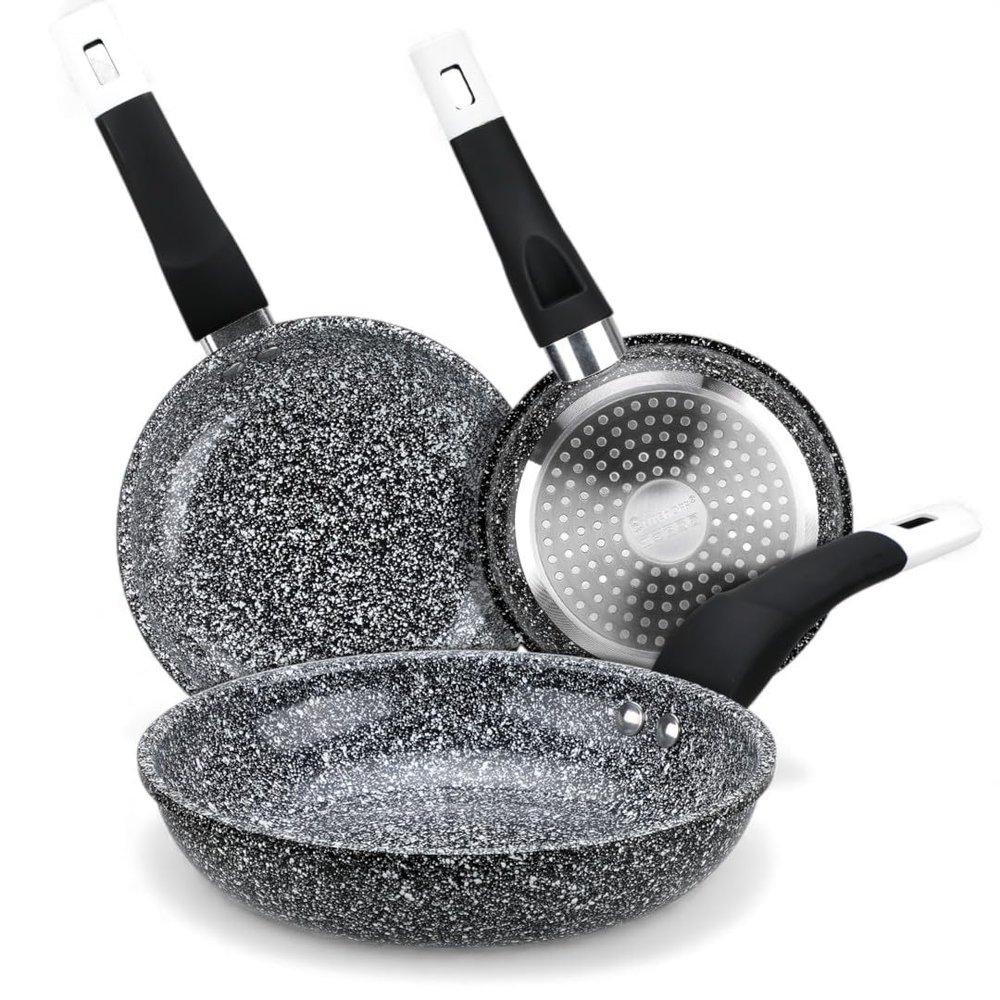 EliteHoff 3-Piece Induction Frying Pan Set (16/18/20 cm), Cast Aluminum Nonstick Pans with Silicone Handles, Gray (E-7551)