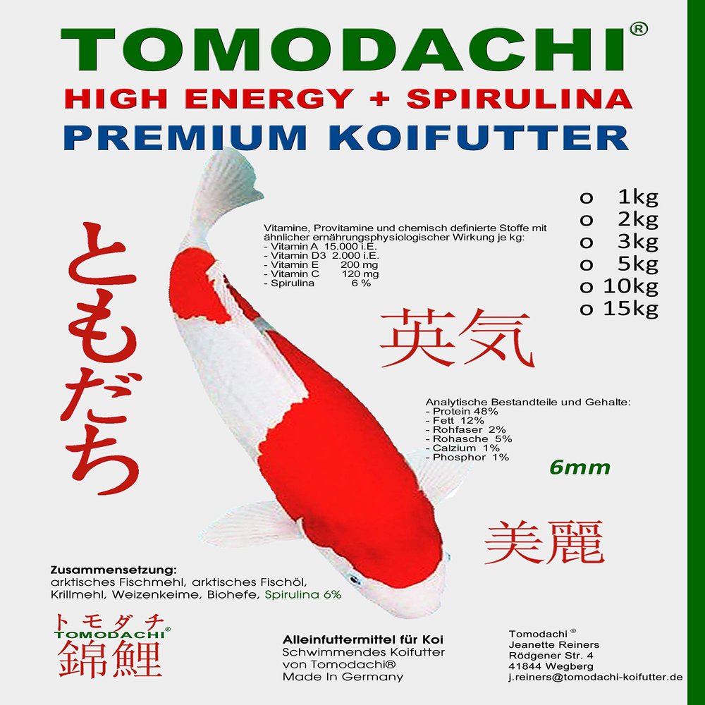 Tomodachi Premium Koi High Energy + Spirulina Koi Food, 10 kg, 6 mm Pellets