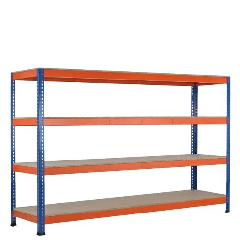 Schulte Z1 Starter-Bay Wide-Span Shelving, Particleboard, 1,981 x 1,841 x 773 mm, Blue/Orange/Galvanized, 4 Levels, 720 kg Shelf Load, 3,200 kg Bay Load
