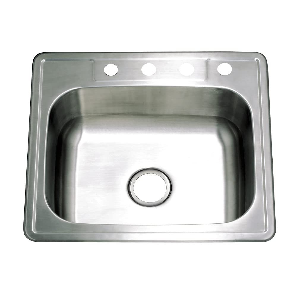 Kingston Brass Gourmetier GKTS2522 22-Gauge 4-Hole Self-Rimming Single-Bowl Stainless Steel Kitchen Sink, Brushed Stainless Steel