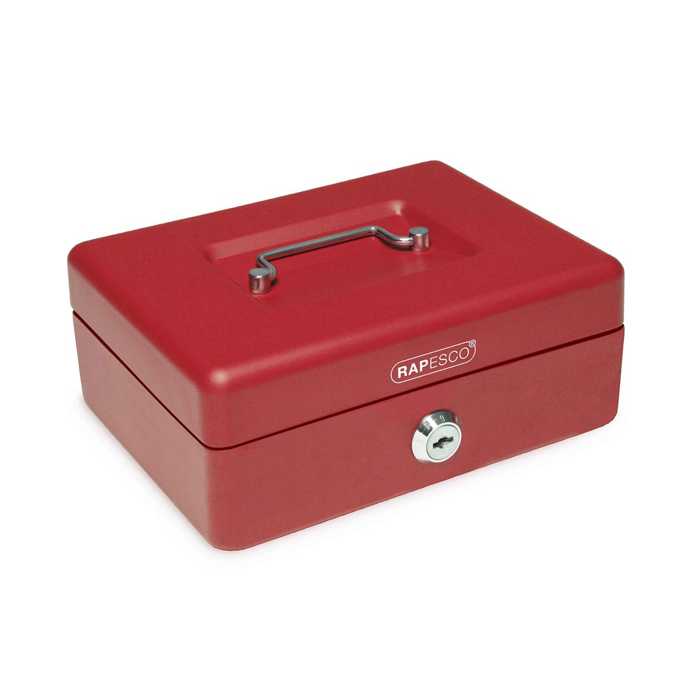 Rapesco SB0008R1 Metal Cash Box with Lock, 8", Red