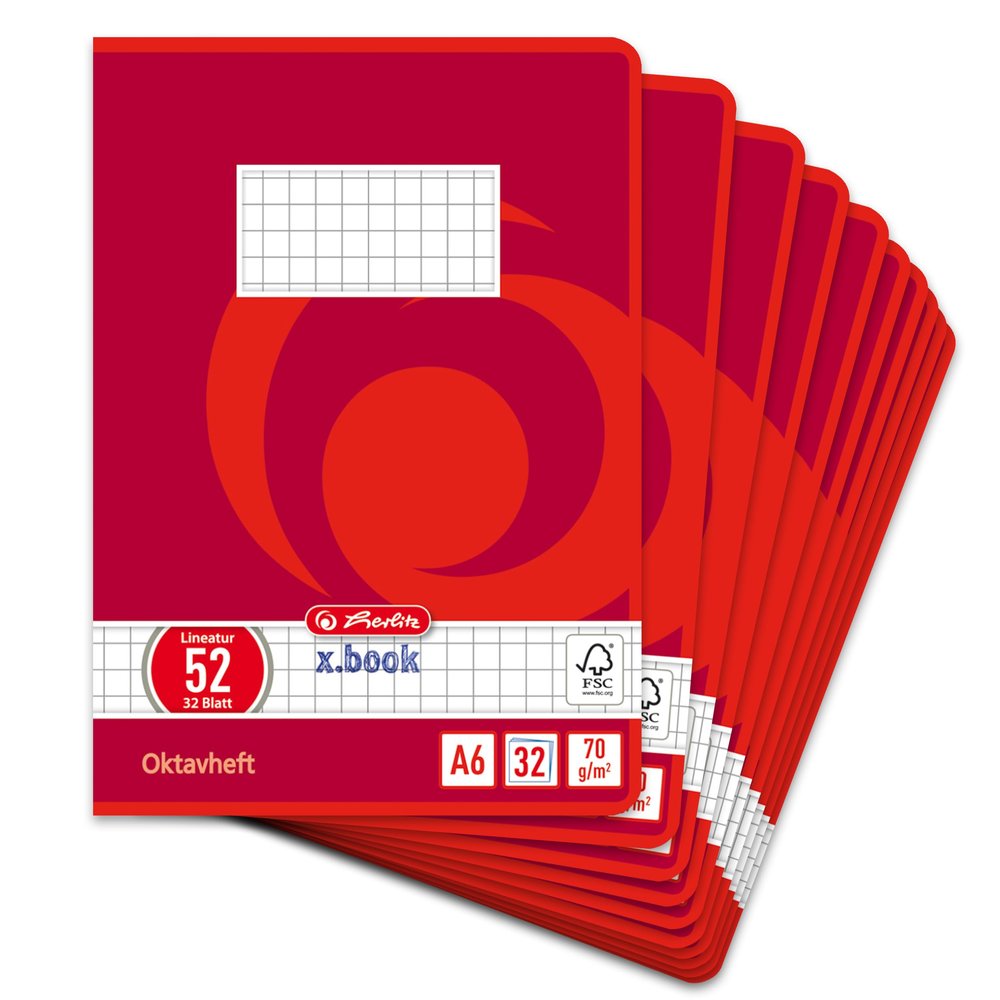 Herlitz x.book Octavo Notebook, A6, Graph Ruled, Ruling 52, 32 Sheets, 10-Pack