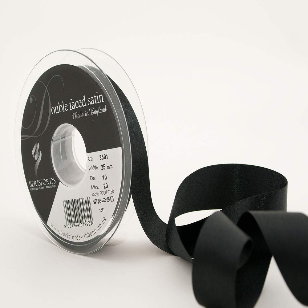 Berisfords 3501 Double-Sided Satin Ribbon, 20 m x 25 mm, Black