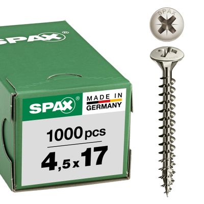 SPAX Universal Screws, 4.5 x 17 mm, 1,000-Pack, Cross-Recess Z2, Raised Countersunk Head, Full Thread, 4CUT, Nickel-Plated
