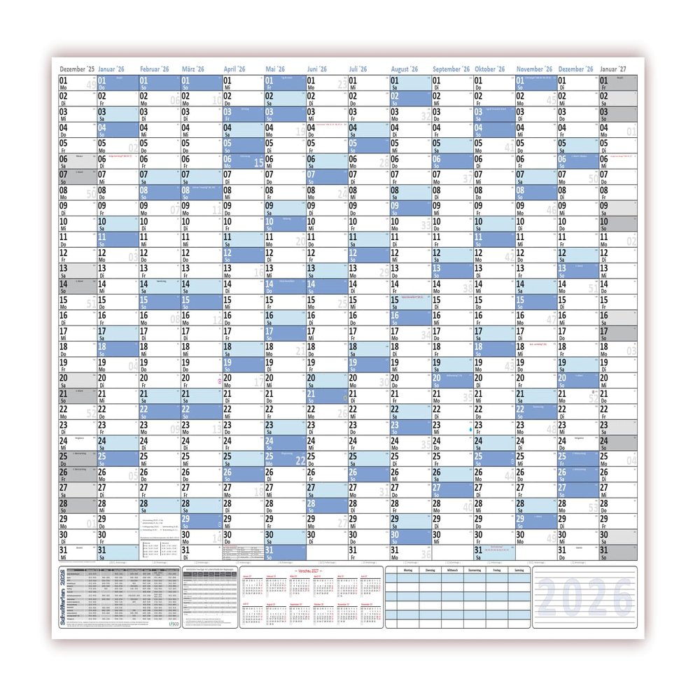 XXL 2026 Wall Calendar, DIN B1, Blue, Wet-Erase, 100 x 70 cm