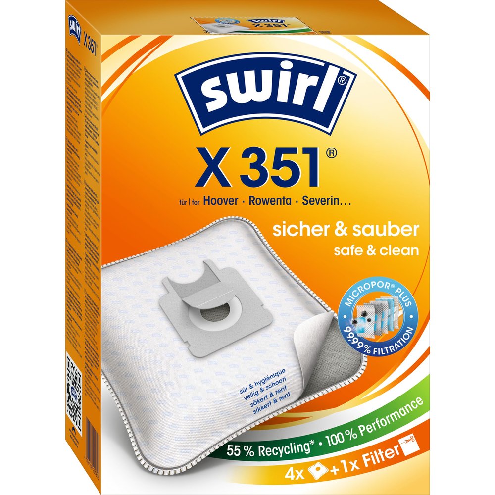 Swirl X 351 Vacuum Cleaner Bags for Hoover, Rowenta and Severin, 4 Bags