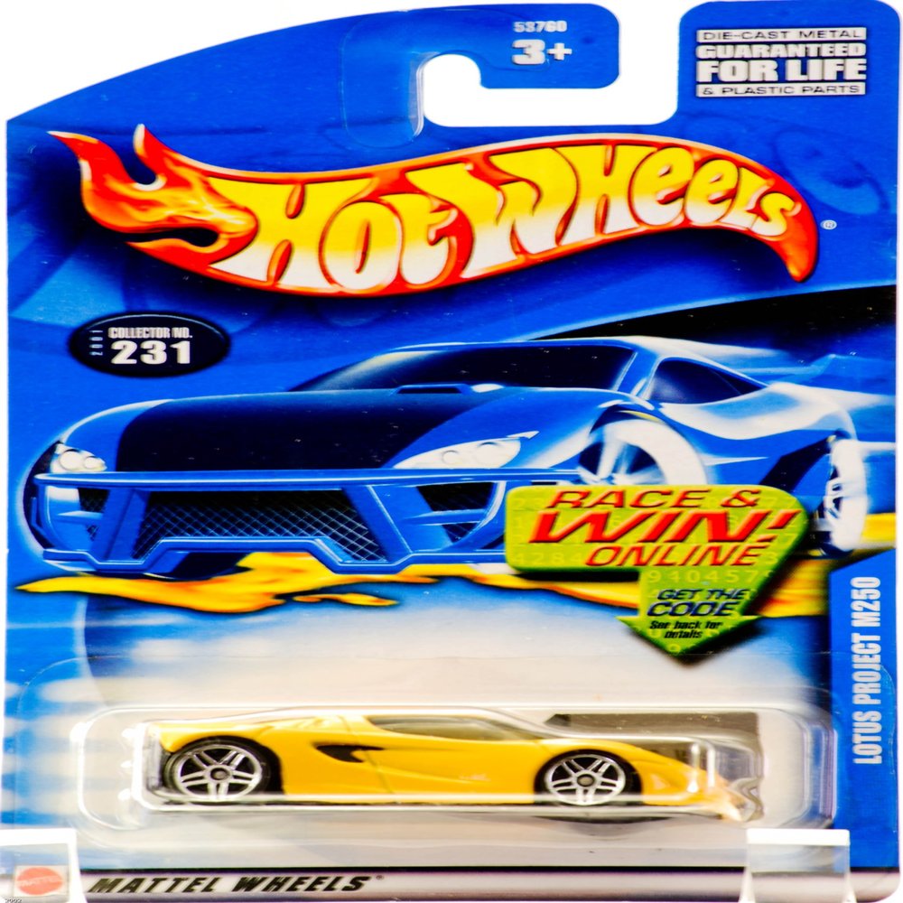 2001 Mattel Hot Wheels Lotus Project M250 (Yellow) Collector #231 – 5-Spoke Wheels – Tinted Windows – Race & Win Card – New – Out of Production – Rare – Collectible