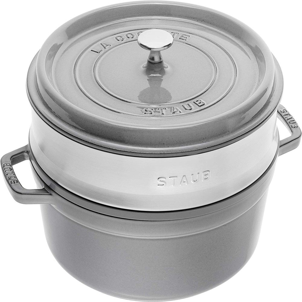 STAUB Cocotte, Cast Iron Dutch Oven with Stainless Steel Steamer Insert, 26 cm, 5.25 L, Round, All Stovetops Including Induction, Made in France, Graphite Gray