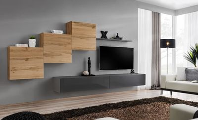 AC-Dco Switch X Wall Set, 3 Square Display Cabinets, 2 TV Benches and 1 Shelf, Wood and Graphite, Model 1