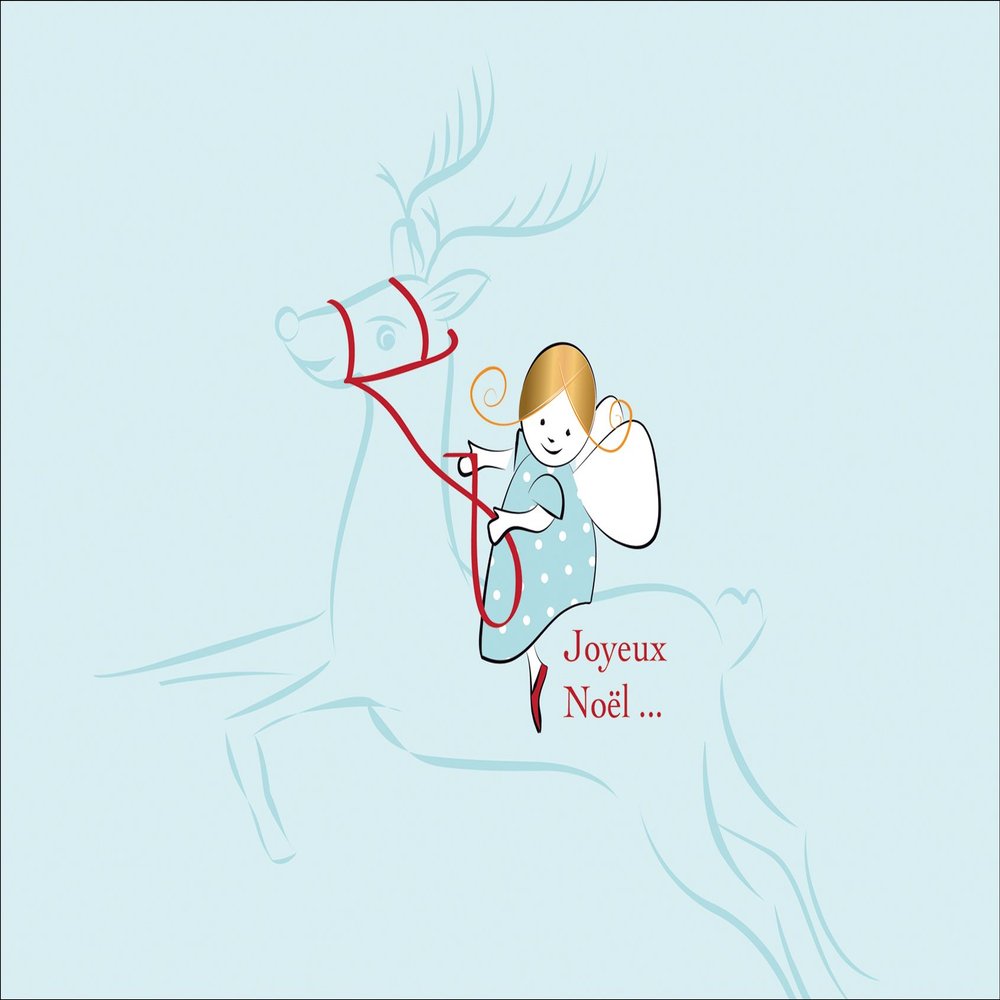 Beautiful French Christmas Card/Gift Card with Angel Riding an Airy Reindeer: Joyeux Noël