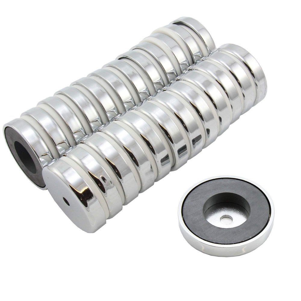 first4magnets F4MG50-25 Hole Ferrite Pot Magnet, 15.8 kg Pull, 25-Pack, Silver Metal, 50 mm Diameter x 10 mm Thick x 8.5 mm