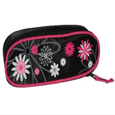 2-in-1 Pencil Case/Cosmetic Bag, Black and Pink Flowers