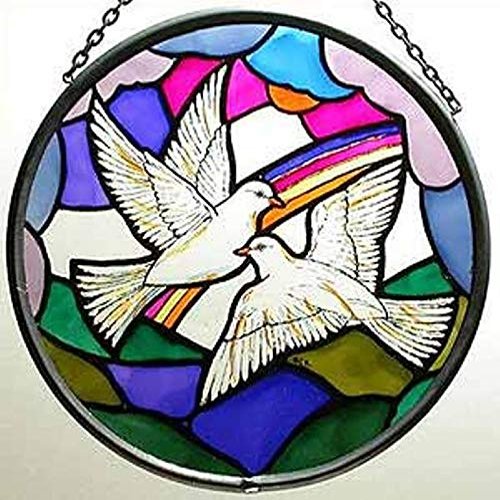 Winged Heart Decorative Hand-Painted Glass Window Roundel with Doves