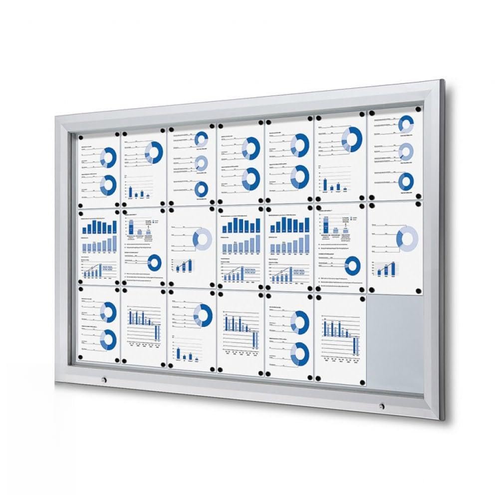 Display Case for 21 DIN A4 Sheets, IP56, B1 Fire Protection, ESG Safety Glass, Lockable, Silver