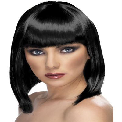 Smiffys Glam Wig, Black, Short Blunt Cut with Bangs, Halloween