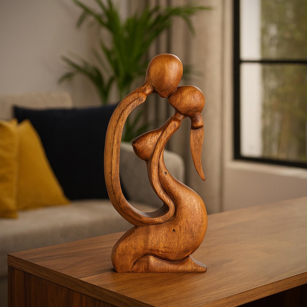 Budawi Loving Couple Wood Sculpture, Hand-Carved Suar Wood Figure, Approx. 40 x 19 x 5 cm