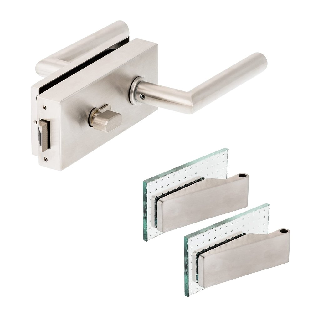 Q Glass Door Hardware Set, Stainless Steel, WC/PZ Lock with 2-Piece Hinges, Inward-Opening