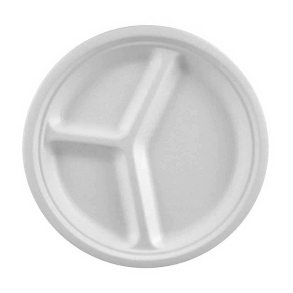 PAPSTAR 50 White “pure” Sugarcane Plates, 3-Compartment, 26 cm, 2 cm