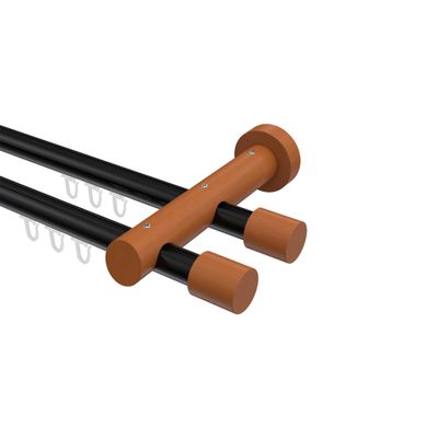 INTERDECO 20 mm Double-Track Internal Curtain Rod, Black Aluminum with Cherry Wood, Wall-Mounted, 240 cm