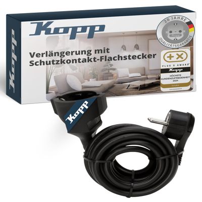 Kopp 2 m Extension Cord, Black, Flat Angled Grounded Plug, IP20