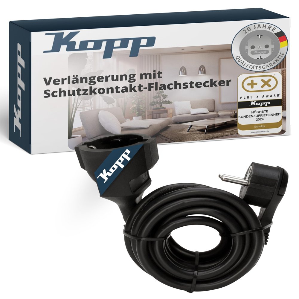 Kopp 2 m Extension Cord, Black, Flat Angled Grounded Plug, IP20