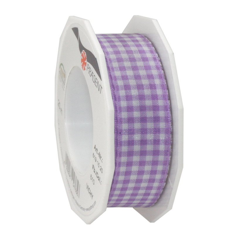 PRSENT Vichy Gift Ribbon, Lavender/White, 20 m, 15 mm Wide